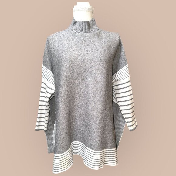 Chicwish Sweaters - ChicWish Sweater Womens M-L Gray Colorblock Striped Knit Poncho Moc Neck Dolman